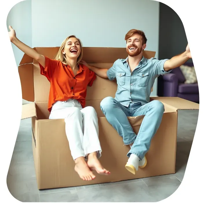 Two guys sitting on the floor of their apartment with Muval moving boxes
